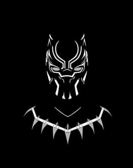 Black Panther watch face displaying the iconic mask and necklace design in white on a bold black background.