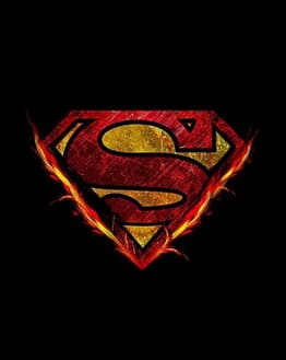 Superman emblem watch face displaying the iconic red and gold "S" symbol with fiery details on a black background.