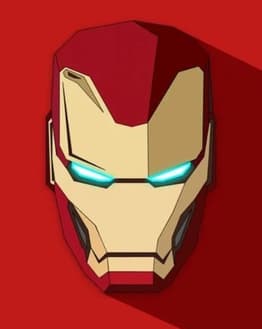 Iron Man minimalist watch face displaying a stylized helmet design with glowing blue eyes on a bold red background.