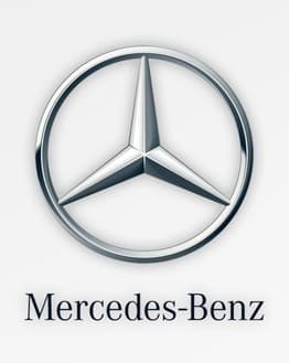 Mercedes-Benz logo with the three-pointed star emblem and brand name on a clean white background, featured on a watch face.