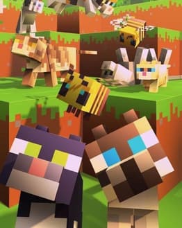 Minecraft animals including pixelated bees, cats, and ocelots on a grassy block terrain, featured on a watch face.