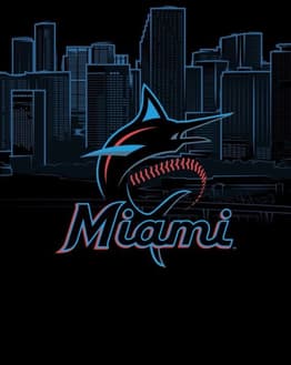 Miami Marlins watch face with the team’s logo and a neon-style Miami skyline in the background.