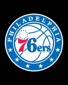 Philadelphia 76ers logo featuring a basketball with stars in red, white, and blue, displayed on a watch face.