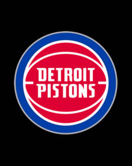 Detroit Pistons logo featuring a red basketball with white text and a blue circular border, displayed on a watch face.
