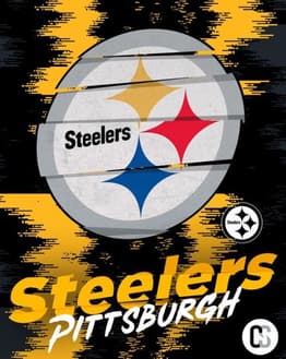 Pittsburgh Steelers logo featuring a circular design with three star-like symbols in red, blue, and yellow, displayed on a black and gold textured background on a watch face.