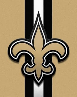 New Orleans Saints logo with a bold gold fleur-de-lis centered on a black, white, and gold background, displayed on a watch face.