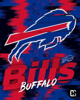 Buffalo Bills watch face featuring the team's charging buffalo logo on a bold red and blue patterned background.