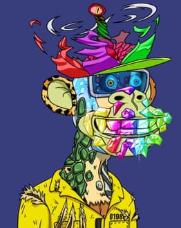 Psychedelic Bored Ape with diamond teeth, cyber eyes, and a colorful hat, featured on a watch face.