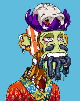 Mutant Ape with extra eyes, tentacle mouth, and a skull crown, featured on a watch face.