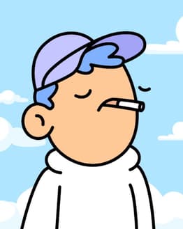 Minimalist cartoon character with blue hair, a pastel cap, and a relaxed expression, featured on a watch face.