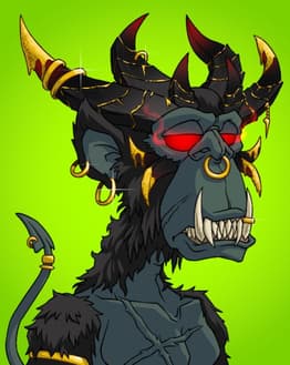 Demon Ape with glowing red eyes, golden horns, and sharp fangs, featured on a watch face.