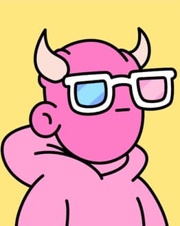 Minimalist cartoon character with pink skin, horns, white 3D glasses, and a pink hoodie, featured on a watch face.
