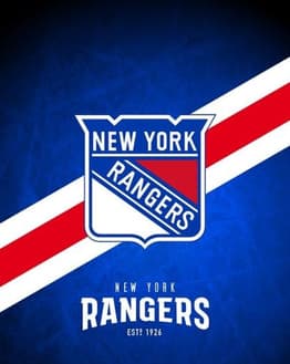 New York Rangers shield logo with a blue, red, and white background, featured on a watch face.