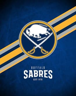 Buffalo Sabres logo with a blue and gold background, featuring a charging buffalo and crossed sabers, displayed on a watch face.