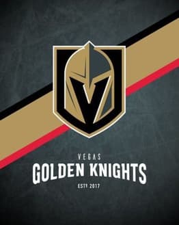 Vegas Golden Knights logo with a dark background and gold-and-red diagonal stripes, featured on a watch face.