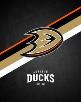 Anaheim Ducks logo with a dark background and gold, black, white, and orange diagonal stripes, featured on a watch face.