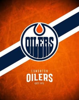 Edmonton Oilers logo with a bold orange background and navy blue-and-white diagonal stripes, featured on a watch face.