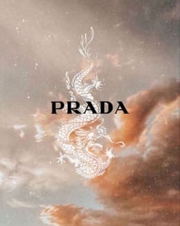 White dragon illustration intertwined with the Prada logo on a celestial background, featured on a watch face.