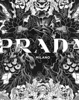 Intricate black and white abstract artwork featuring the Prada Milano logo, designed as a watch face.