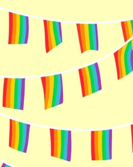 Colorful rainbow flag bunting on a soft pastel background, featured on a watch face.
