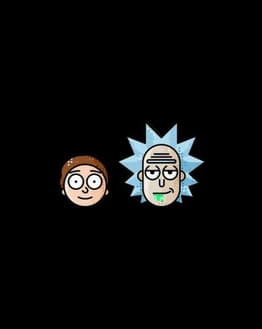 Minimalist cartoon-style faces of a genius scientist and his nervous sidekick on a black background, featured on a watch face.