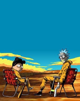 Illustration of two characters in yellow jumpsuits sitting in a desert landscape on lawn chairs, featured on a watch face.