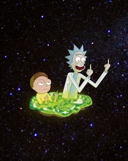 Illustration of two characters emerging from a glowing green portal into outer space, featured on a watch face.