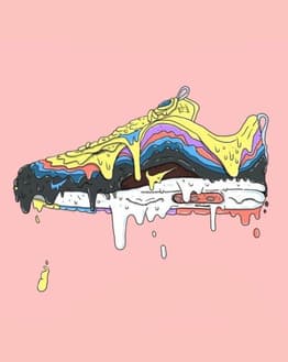 Illustration of a colorful sneaker melting in vibrant hues against a pastel pink background, featured on a watch face.