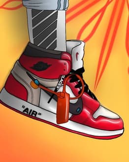 Illustration of a high-top red, white, and black sneaker with a zip tie and bold accents, featured on a watch face.