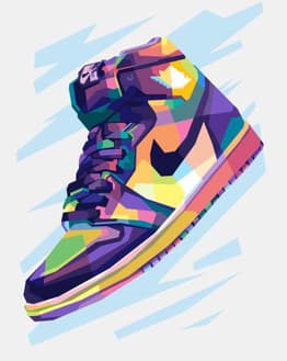 Illustration of a high-top sneaker in an abstract geometric art style with vibrant colors, featured on a watch face.