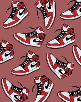 Illustration of red and white Air Jordan 1 sneakers with black laces on a maroon background, featured on a watch face.