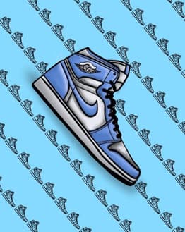 Illustration of a blue and white Air Jordan 1 sneaker with black laces on a patterned blue background, featured on a watch face.