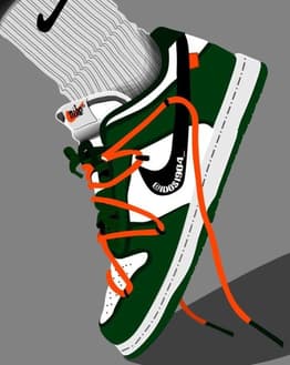 Illustration of a green and white Off-White x Nike Dunk sneaker with orange laces and black swoosh, featured on a watch face.