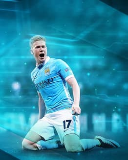 Illustration of Kevin De Bruyne in a Manchester City jersey celebrating on a futuristic blue background, featured on a watch face.