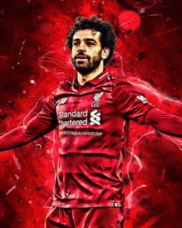 Illustration of Mohamed Salah in a Liverpool jersey with a dynamic red background, featured on a watch face.