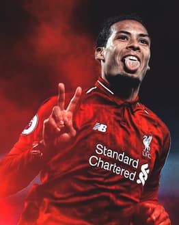 Image of Virgil van Dijk in a Liverpool jersey celebrating with a peace sign, featured on a watch face with a red dynamic background.