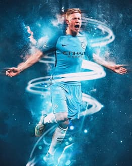 Illustration of Kevin De Bruyne in a Manchester City jersey, surrounded by blue energy swirls, featured on a watch face.