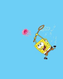 Illustration of a happy yellow sponge character with a net, chasing a jellyfish on a bright blue background, featured on a watch face.