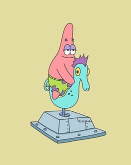 Illustration of Patrick Star from SpongeBob SquarePants with a relaxed expression, riding a seahorse carousel, set against a light yellow background, featured on a watch face.