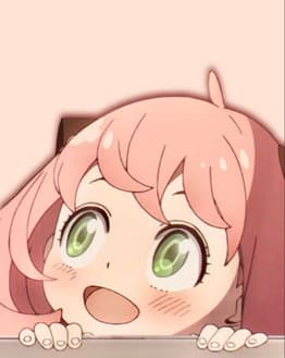 Illustration of a pink-haired anime girl with wide green eyes and a joyful expression, peeking over a surface, set against a soft pastel background, featured on a watch face.