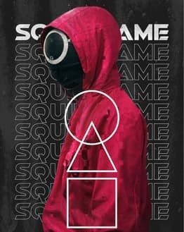 Squid Game guard watch face with red hooded suit and symbolic shapes