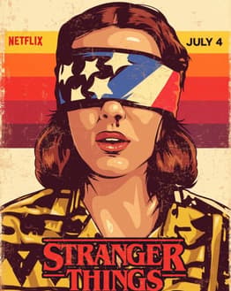 Illustration of Eleven from Stranger Things wearing an American flag blindfold, set in a retro 80s-style design on a watch face.