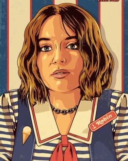 Illustration of Robin Buckley from Stranger Things wearing a Scoops Ahoy uniform, set in a retro 80s-style design on a watch face.