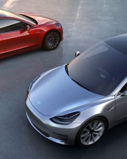 A Tesla Duo watch face featuring the red Model S and silver Model 3 parked side-by-side, highlighting sleek design and automotive innovation