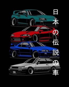 Illustration of four iconic Japanese sports cars in green, red, blue, and white, with Japanese kanji text on a sleek black background, featured on a watch face.