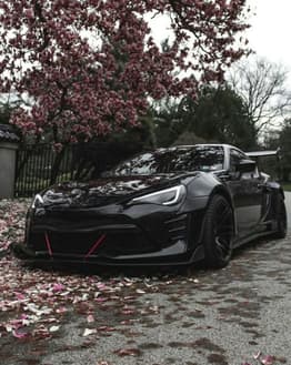 Photograph of a blacked-out JDM sports car with aggressive styling parked under cherry blossom trees with fallen petals, blending performance and Japanese aesthetics, featured on a watch face.