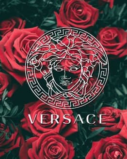 Versace Medusa logo in white over a background of red roses, designed as a stylish watch face