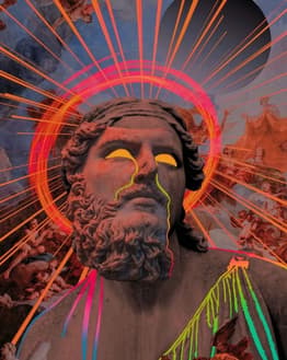 Digital artwork of a classical Zeus statue with neon accents and a cosmic background, designed as a bold and artistic watch face