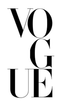 Minimalist black typography spelling “VOGUE” in a bold layout on a white background, designed as a stylish watch face