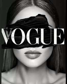 Black-and-white portrait of a woman with Vogue typography partially obscured by a black brushstroke, designed as a stylish watch face